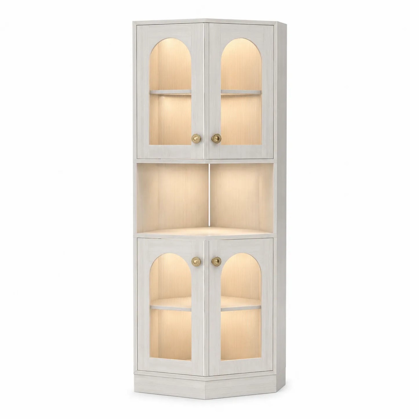 Armoire d'angle en bois blanc avec étagères et éclairage