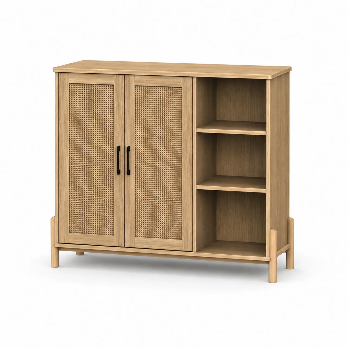 Buffet en bois avec portes en rotin et étagères 90x35x80 cm