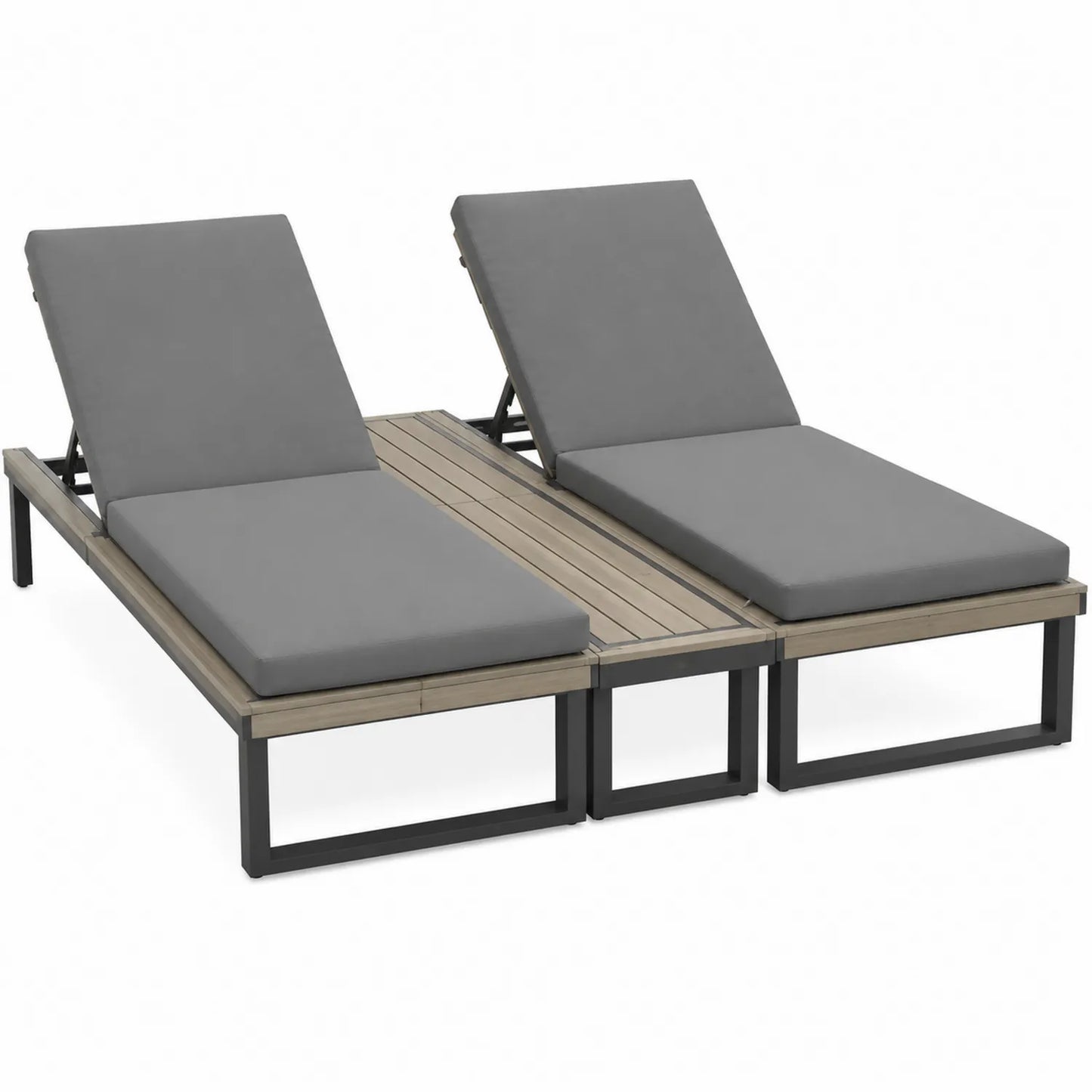 Chaise longue double extérieure en aluminium et bois avec coussins gris