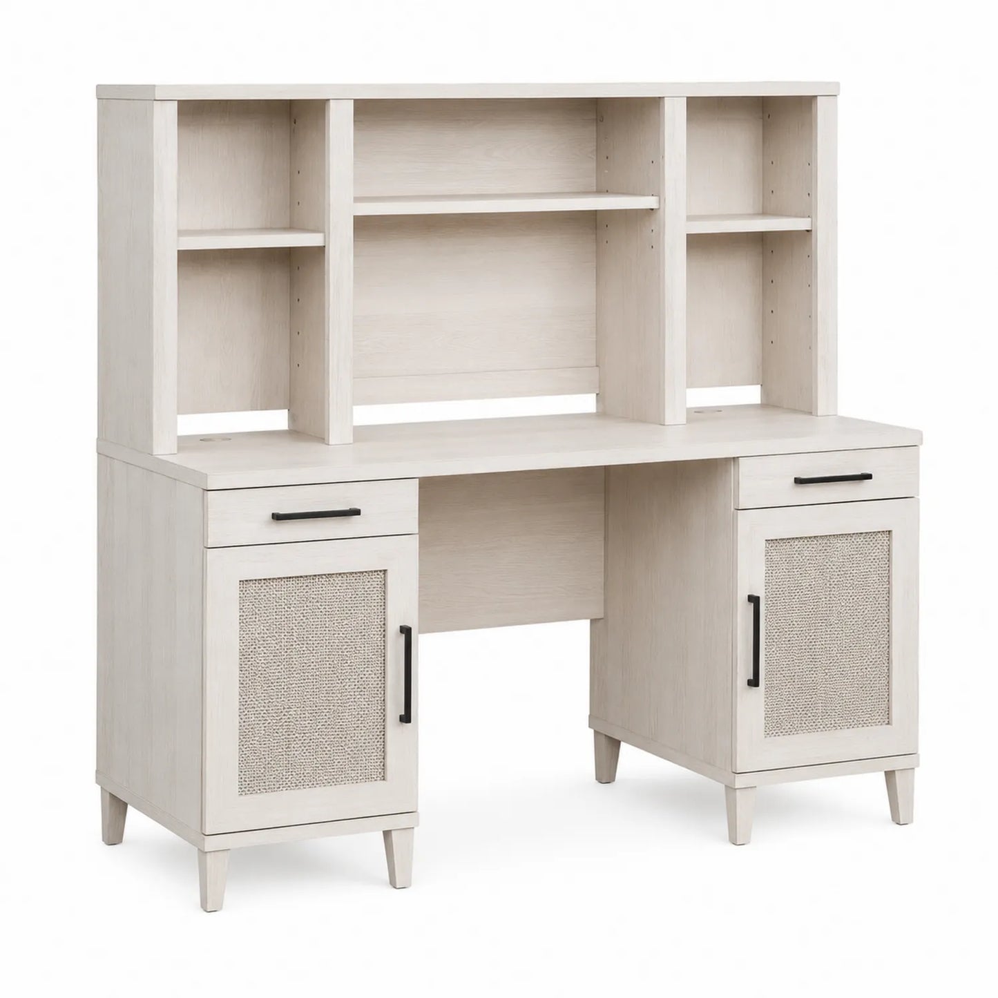 Bureau en Bois avec Étagères et Placards en Rotin Beige