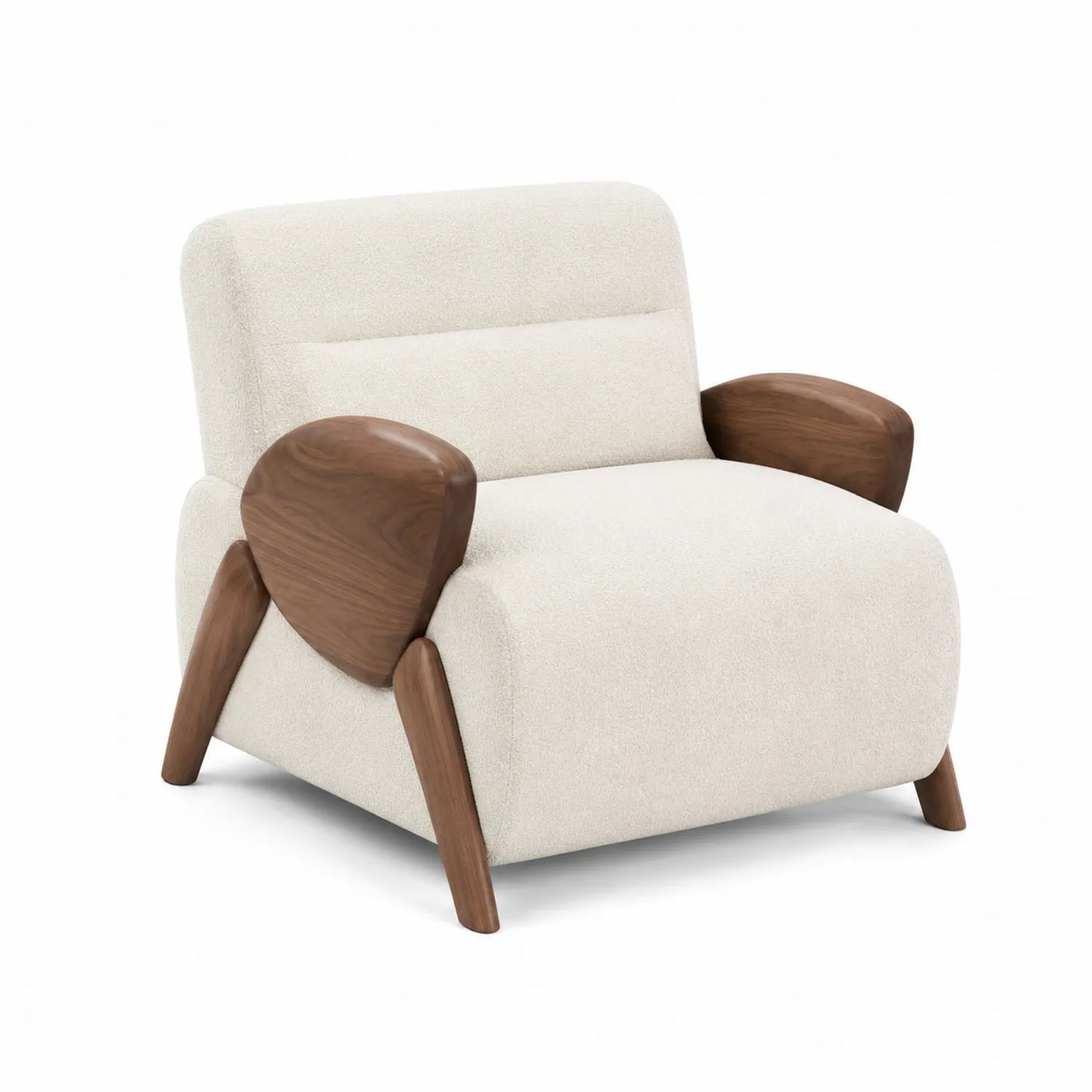 Fauteuil en bois de noyer et tissu bouclette Blanc