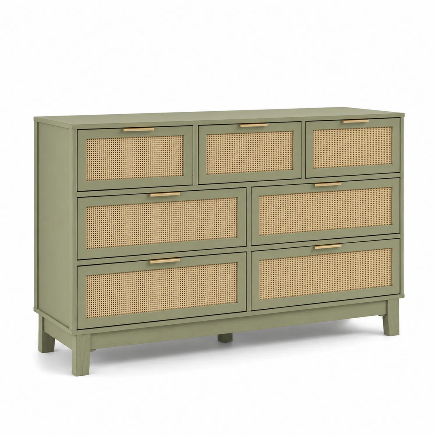 Commode en bois avec rotin et 8 tiroirs verts