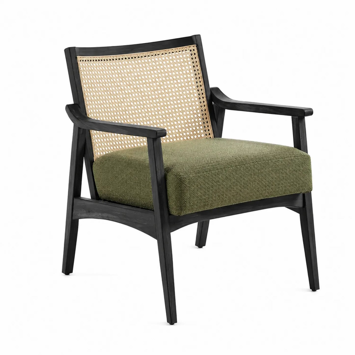 Chaise en Bois et Rotin avec Assise en Tissu Vert
