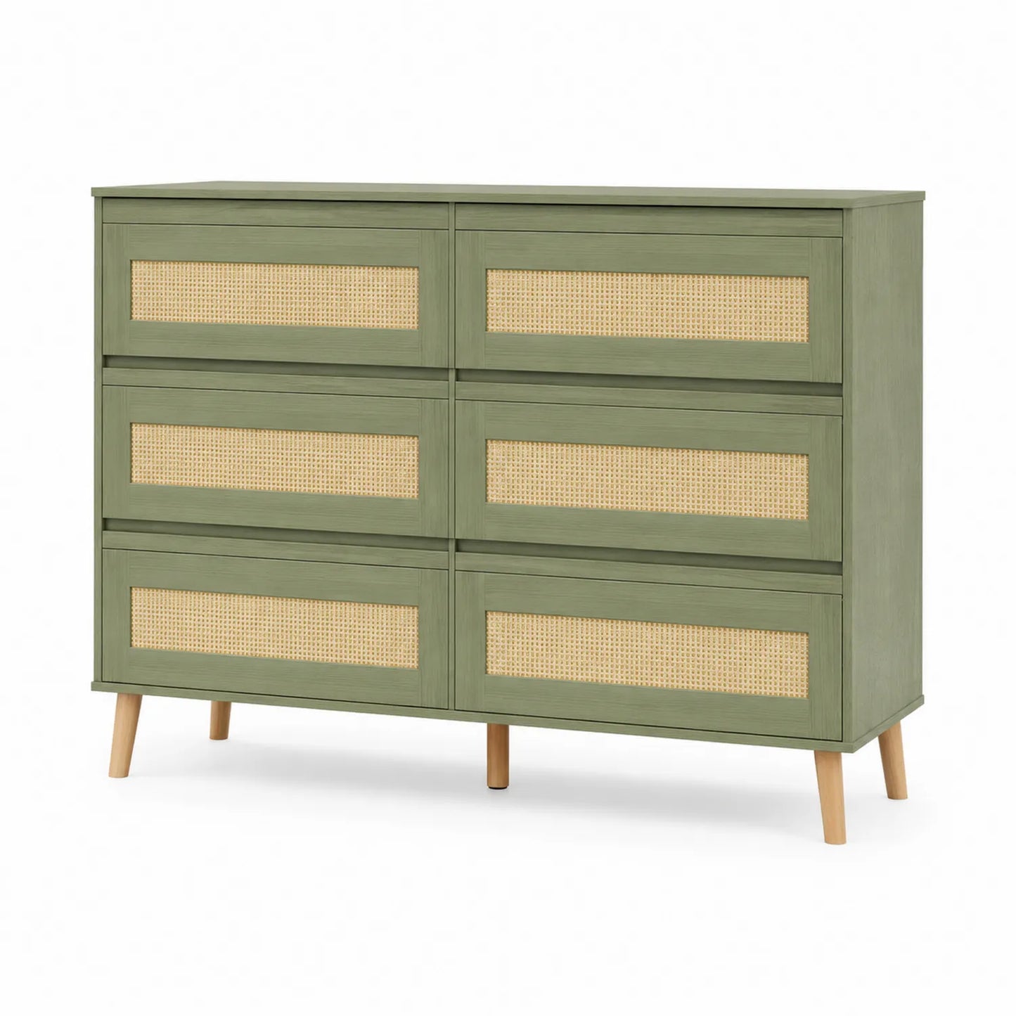 Commode 6 Tiroirs en Bois et Cannage Vert Olive