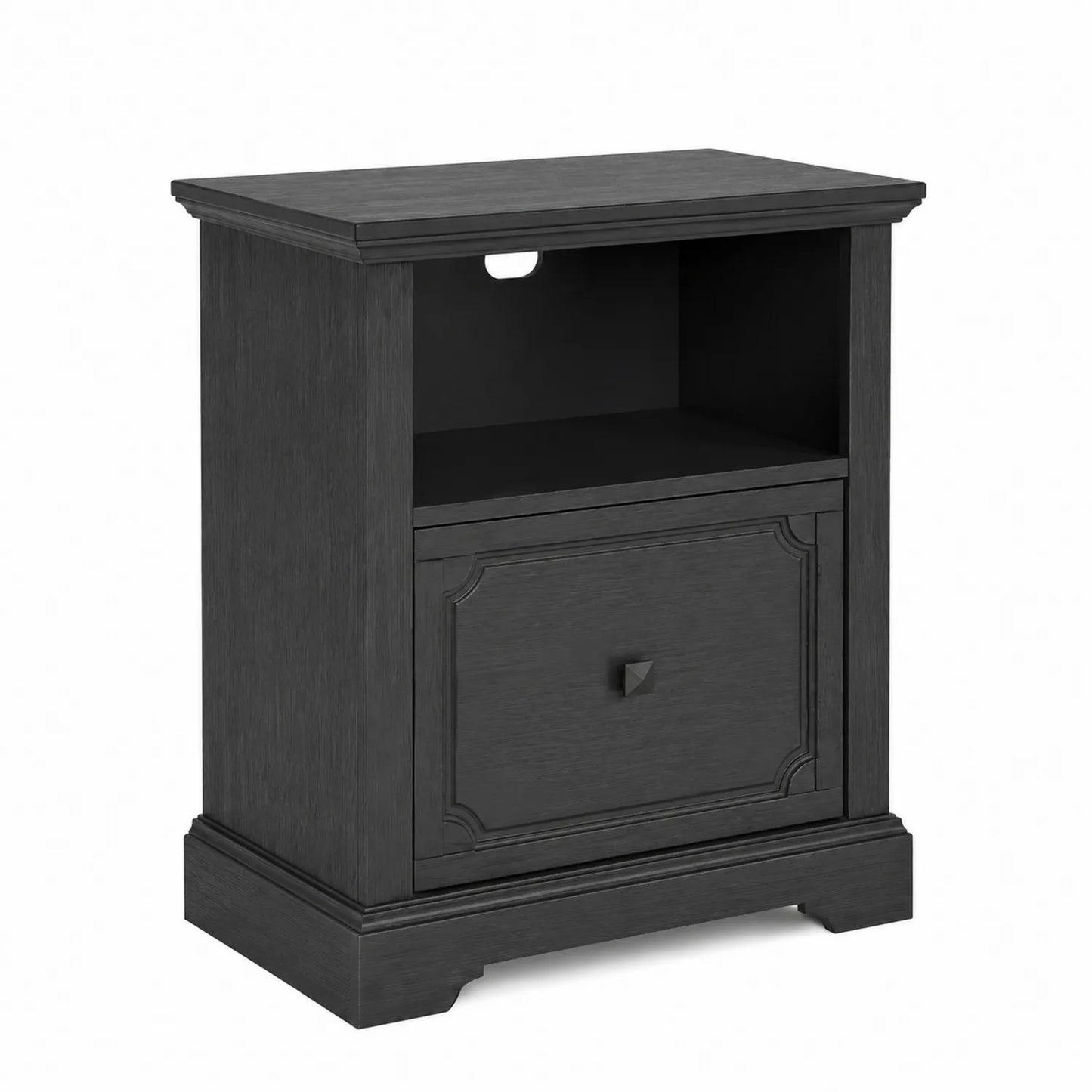 Table de chevet noire en bois avec tiroir et compartiment ouvert