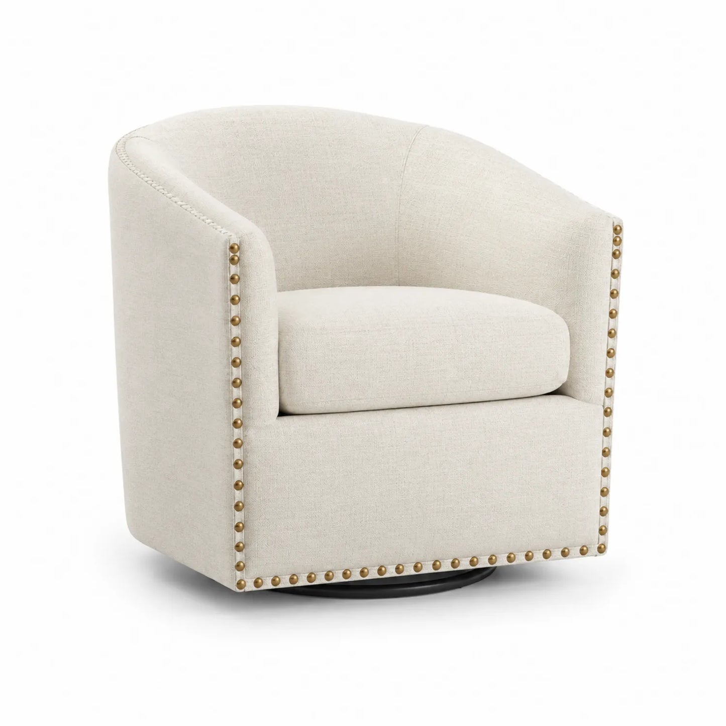 Fauteuil pivotant en lin beige avec clous décoratifs