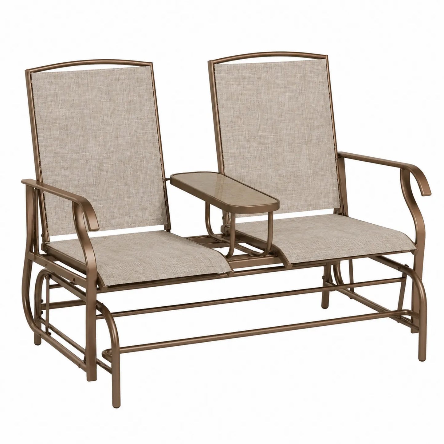 Banc à bascule extérieur biplace en acier et textile brun