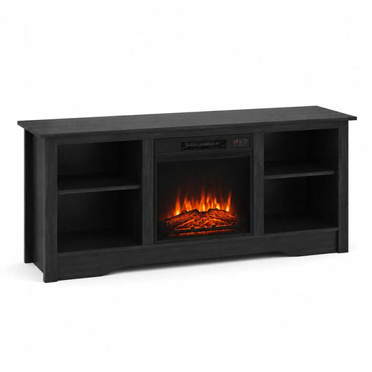 Meuble TV avec cheminée électrique en bois noir