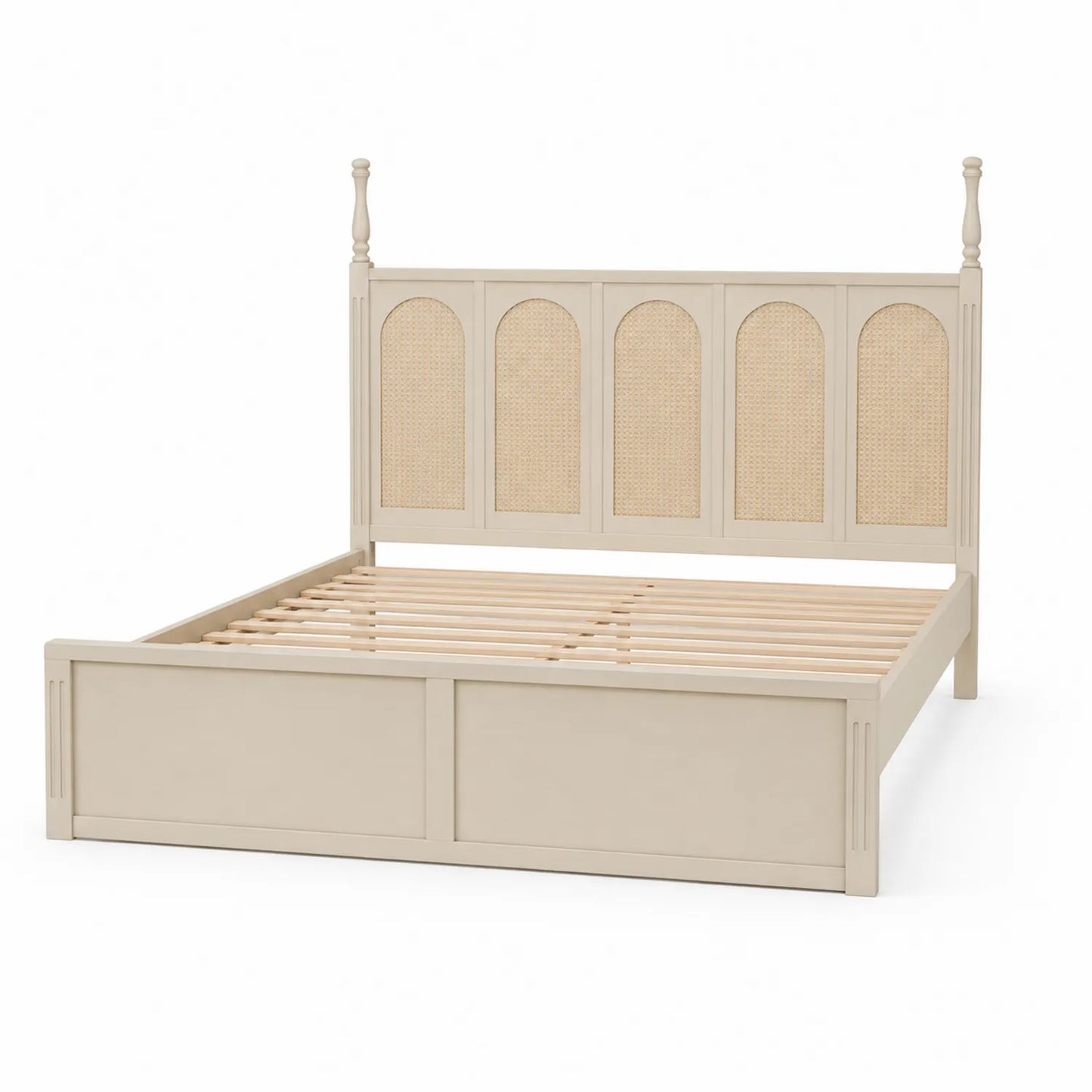 Lit double en bois et rotin beige 160x200 cm