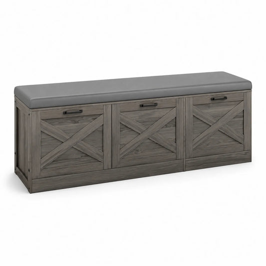 Banc de rangement en bois avec coussin en polyester Gris