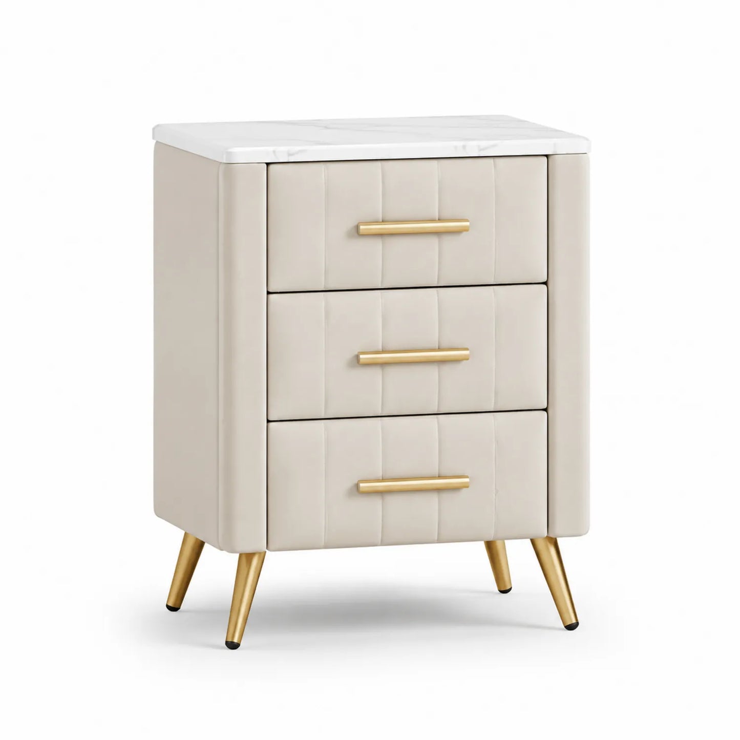 Table de chevet en cuir synthétique beige avec 3 tiroirs et pieds en métal doré