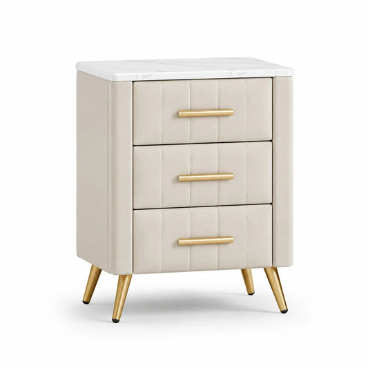 Table de chevet en cuir synthétique beige avec 3 tiroirs et pieds en métal doré