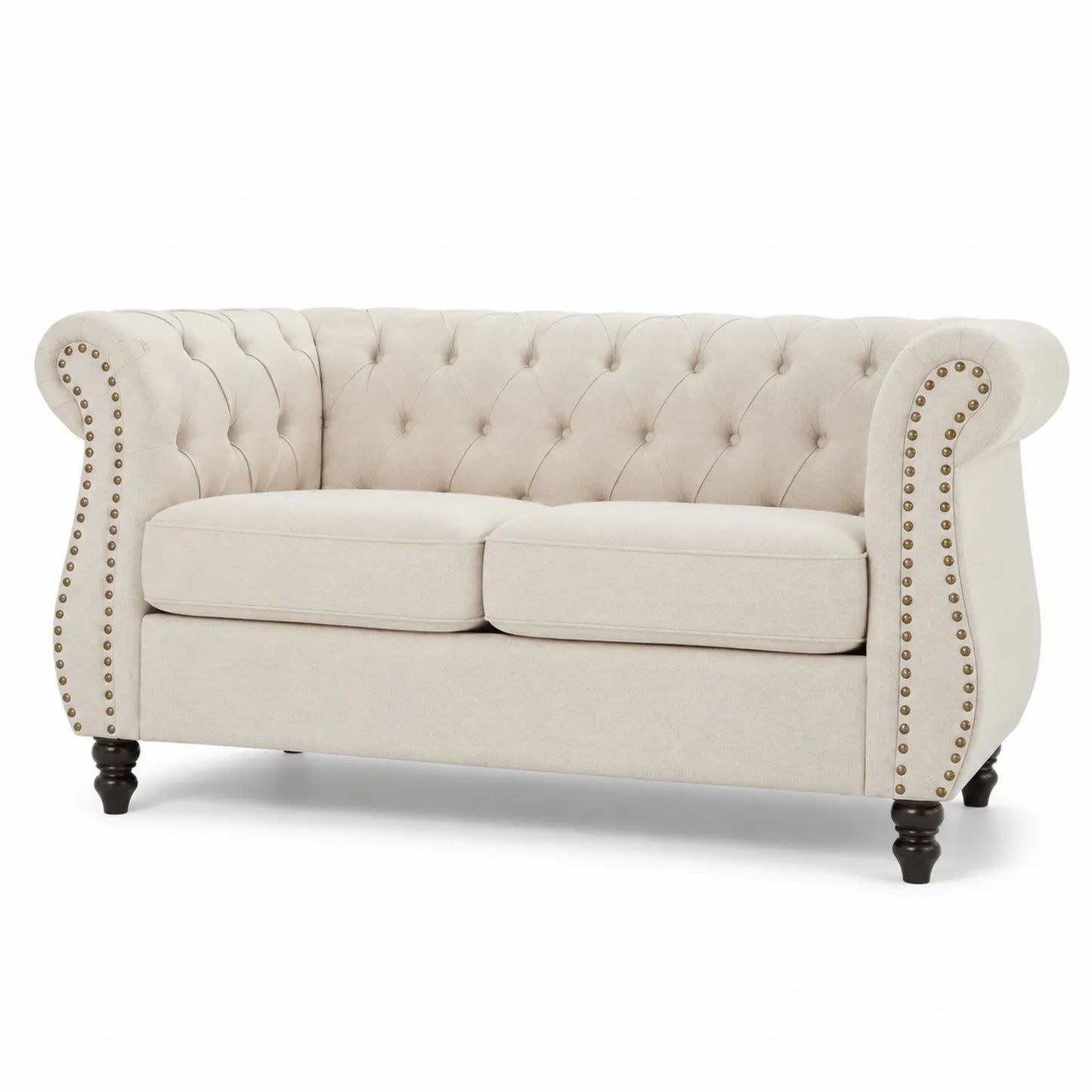 Canapé Chesterfield 2 Places en Tissu Polyester Beige avec Pieds en Bois