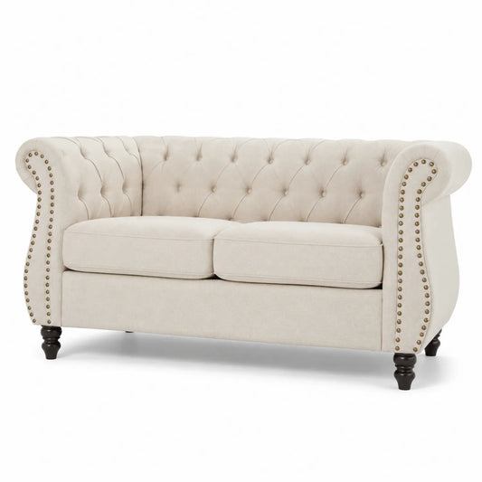 Canapé Chesterfield 2 Places en Tissu Polyester Beige avec Pieds en Bois