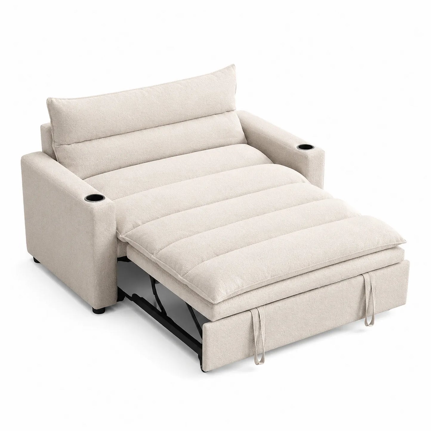 Canapé Convertible en Tissu Beige avec Porte-gobelets