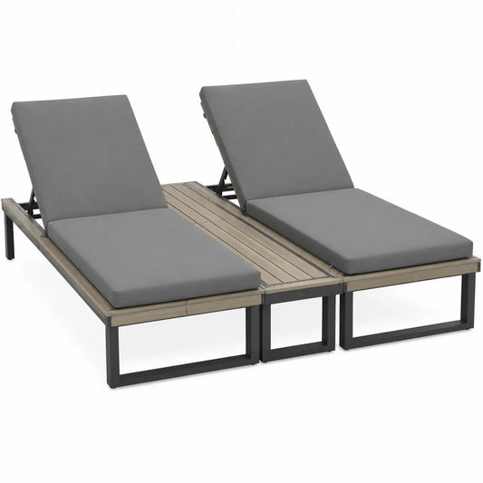 Chaise longue double extérieure en aluminium et bois avec coussins gris