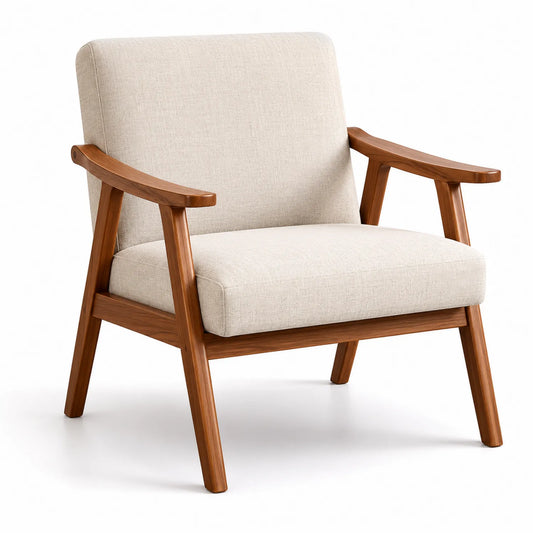 Fauteuil en bois avec revêtement en tissu beige