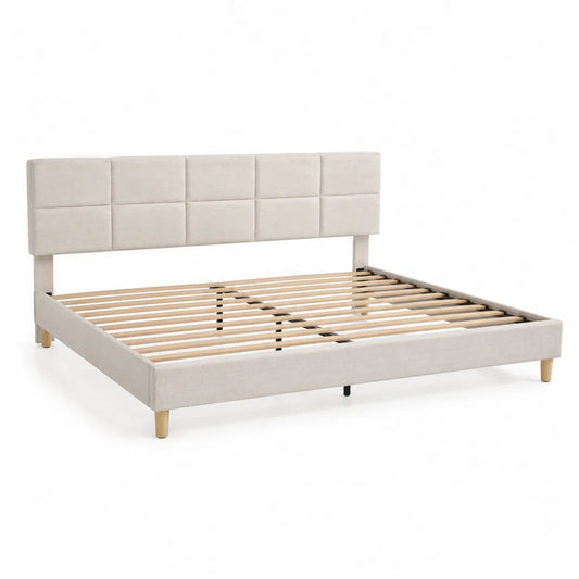 Lit double en tissu beige avec tête de lit rembourrée 160x200 cm