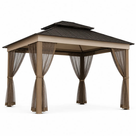 Pavillon de jardin en aluminium avec toit en acier et rideaux en polyester marron