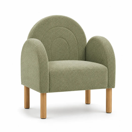 Fauteuil en tissu bouclé vert avec pieds en chêne