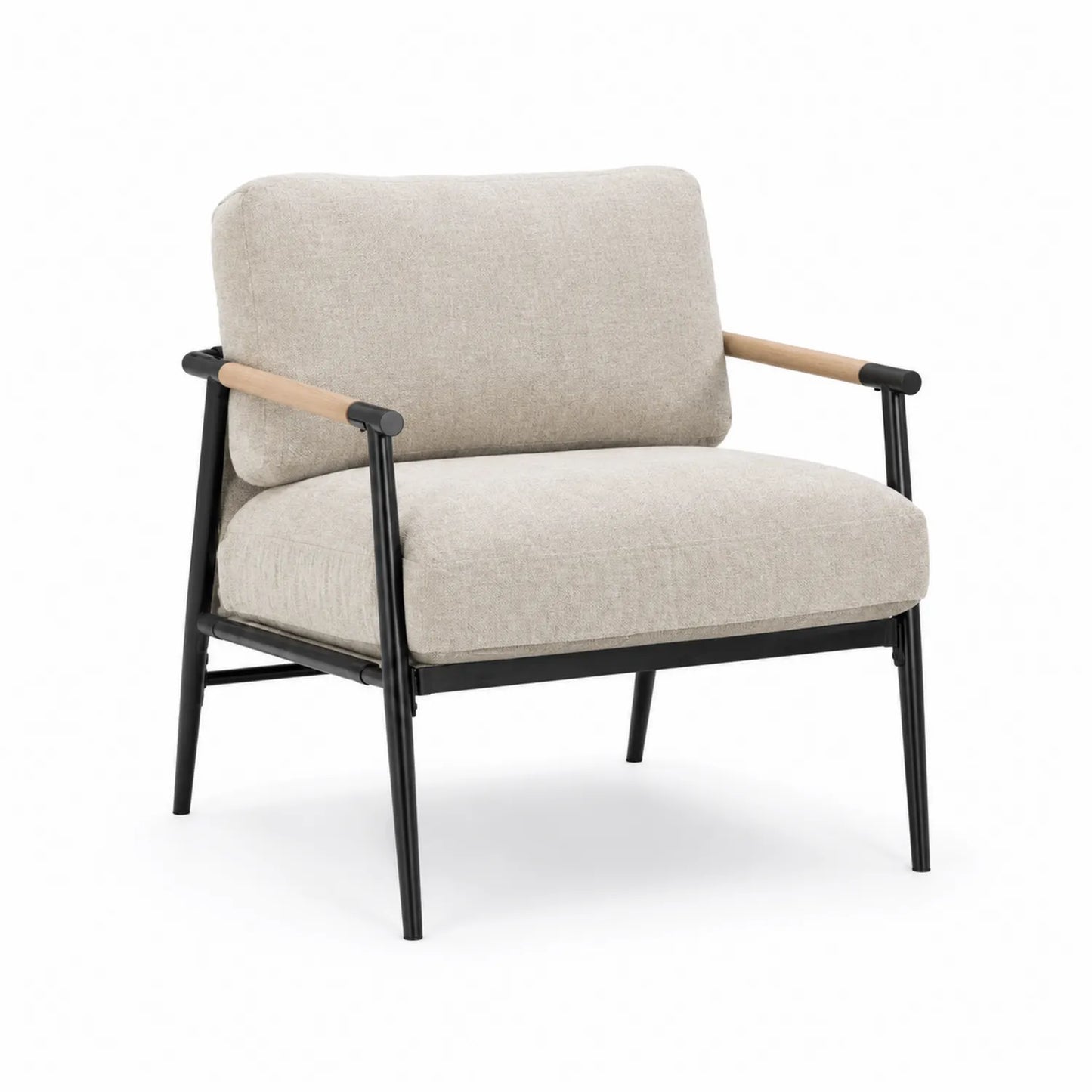 Fauteuil en lin beige avec structure en métal et accoudoirs en bois