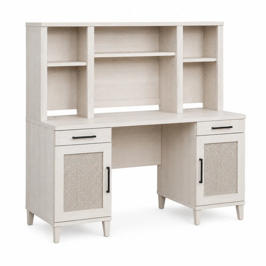 Bureau en Bois avec Étagères et Placards en Rotin Beige