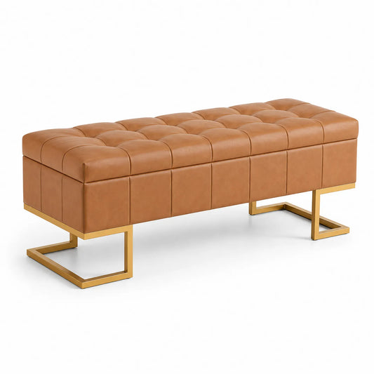 Banc rectangulaire en cuir synthétique brun avec structure en métal doré 120cm