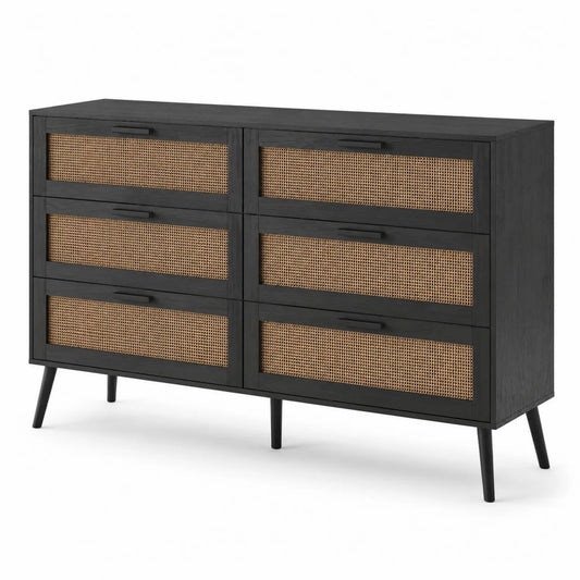 Commode en bois noir avec tiroirs en rotin