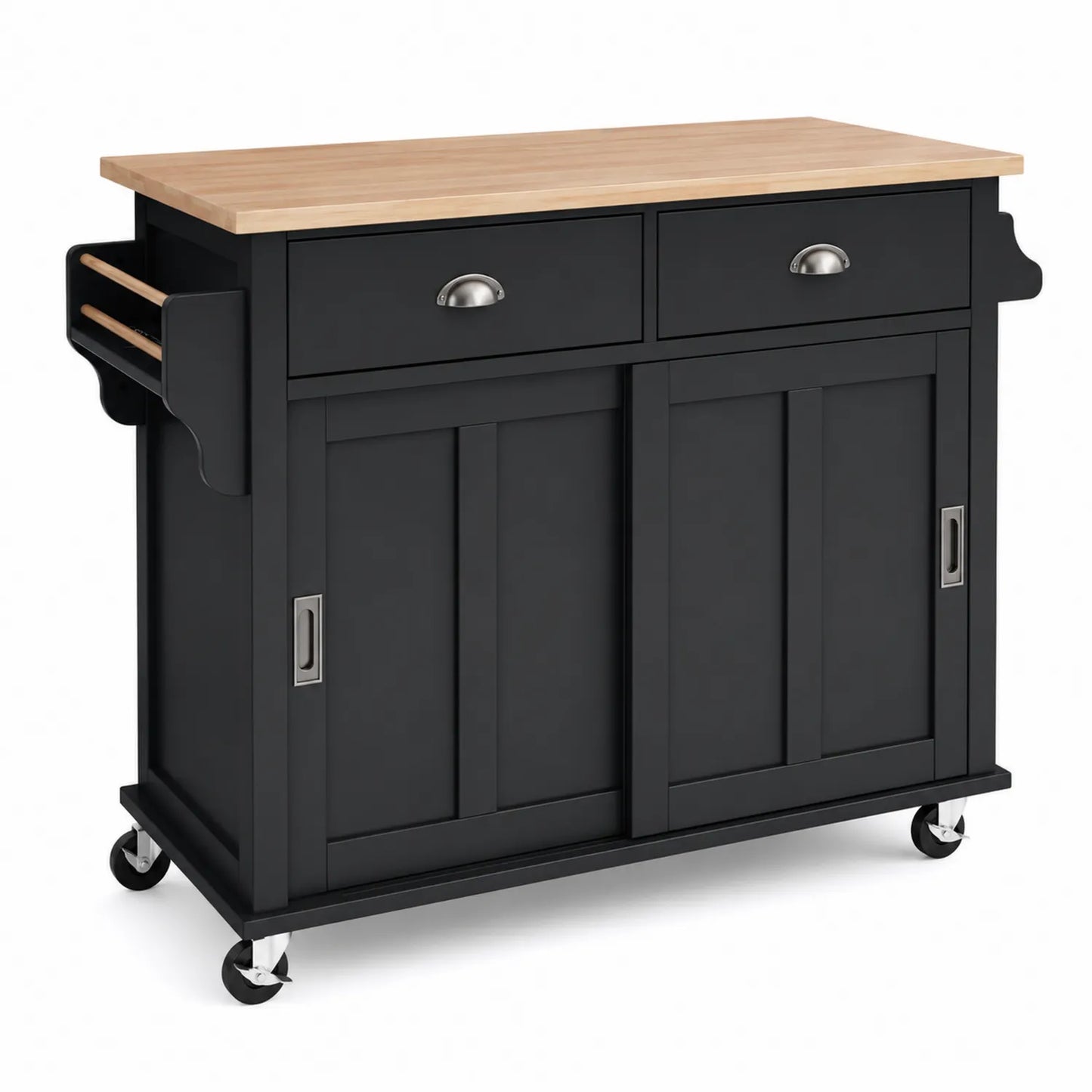 Buffet de cuisine en bois noir avec plateau en bois d'hévéa et roulettes
