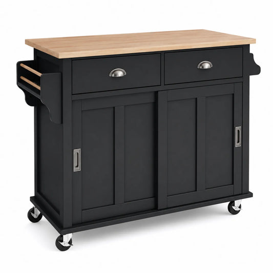 Buffet de cuisine en bois noir avec plateau en bois d'hévéa et roulettes