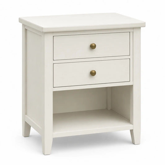 Table de chevet en bois blanc avec 2 tiroirs et étagère