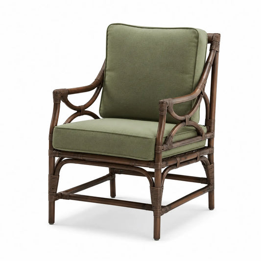 Fauteuil en rotin avec coussins en tissu polyester vert