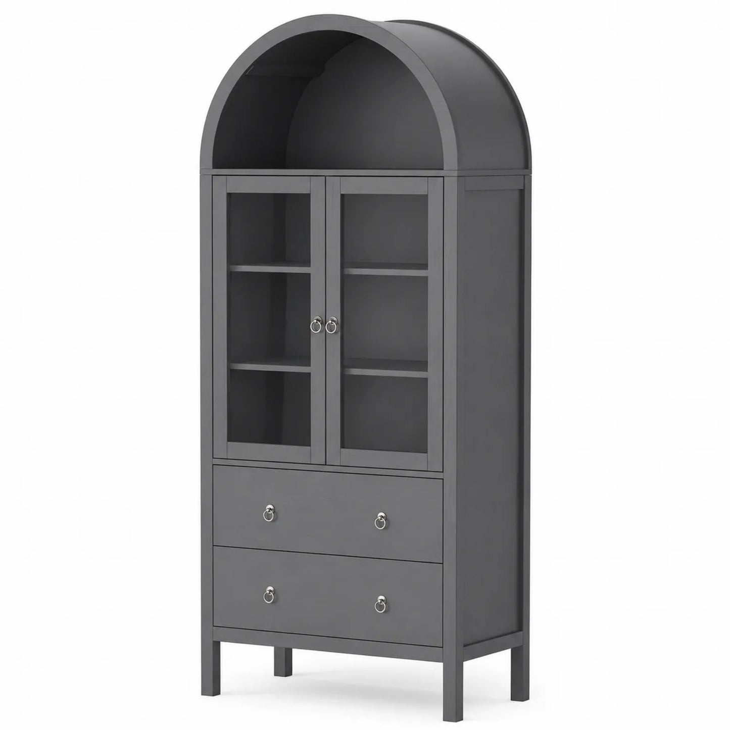 Vitrine en bois gris avec portes vitrées et tiroirs