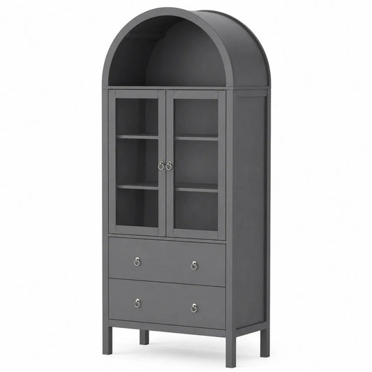 Vitrine en bois gris avec portes vitrées et tiroirs