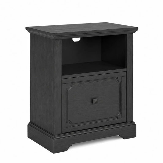 Table de chevet noire en bois avec tiroir et compartiment ouvert