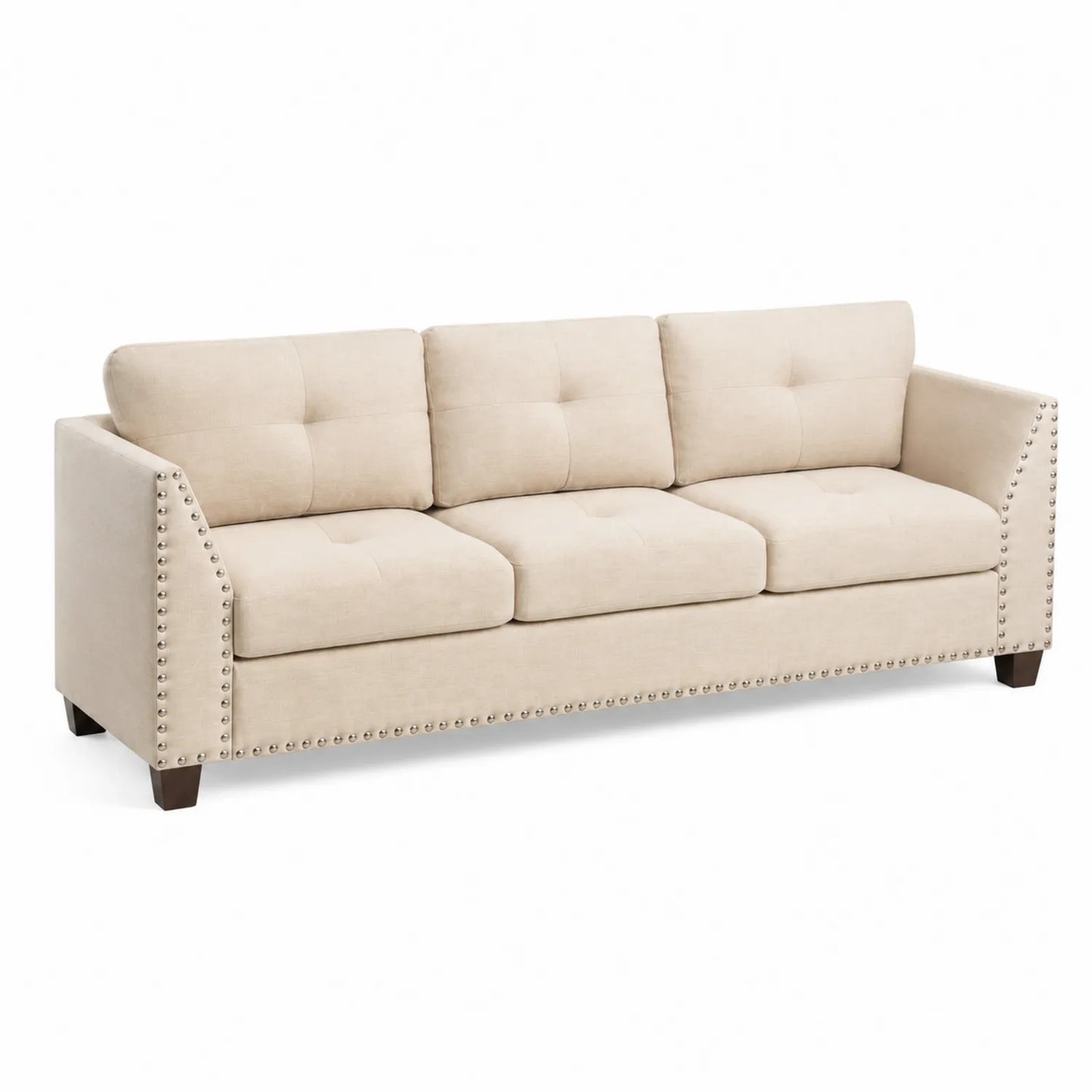 Canapé 3 places en tissu polyester beige avec accoudoirs cloutés
