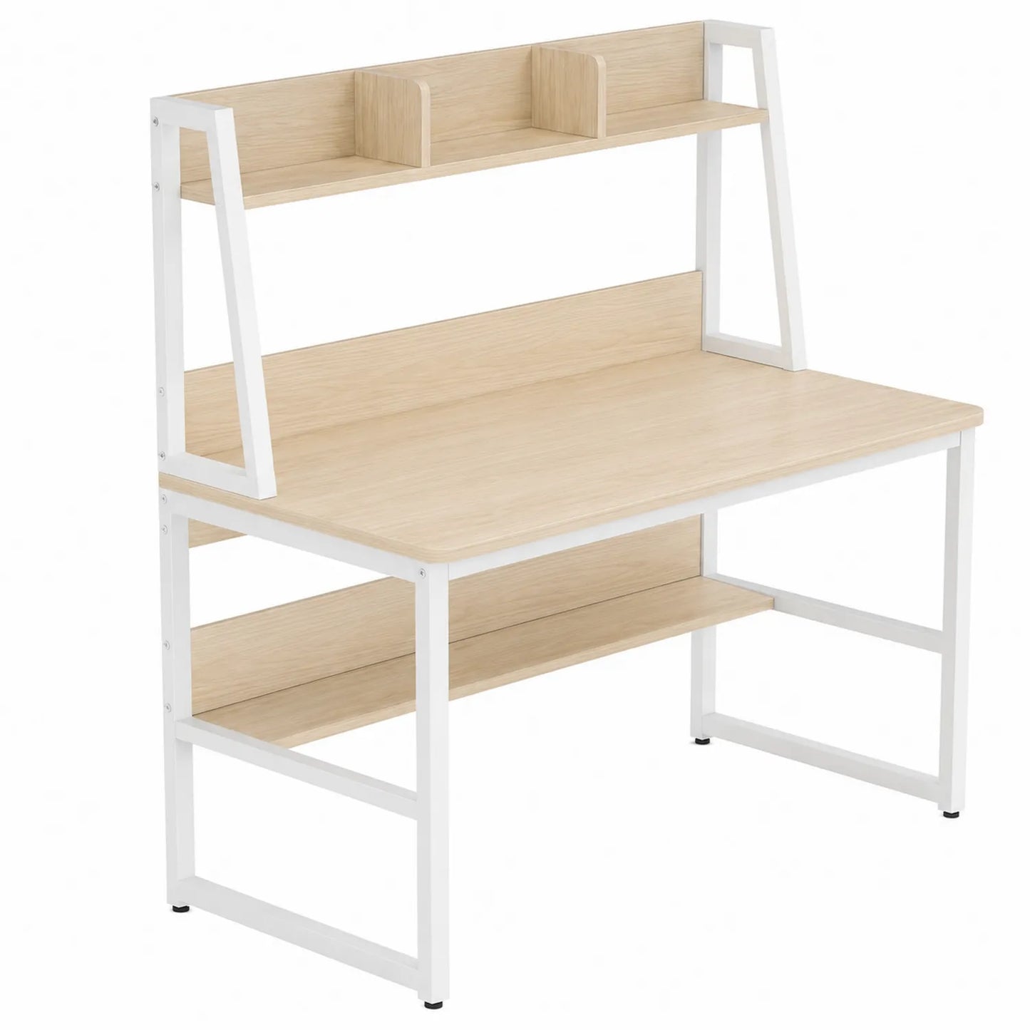Bureau en bois clair et métal blanc avec étagères 120x60x140 cm