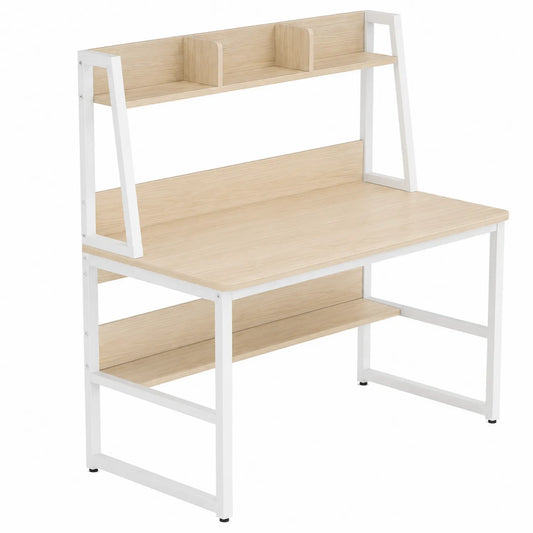 Bureau en bois clair et métal blanc avec étagères 120x60x140 cm