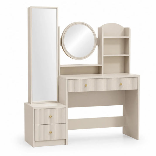 Coiffeuse en Bois Beige avec Miroir Rond et Rangements