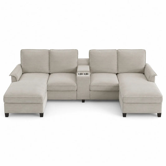 Canapé d'angle modulable en tissu beige avec porte-gobelets