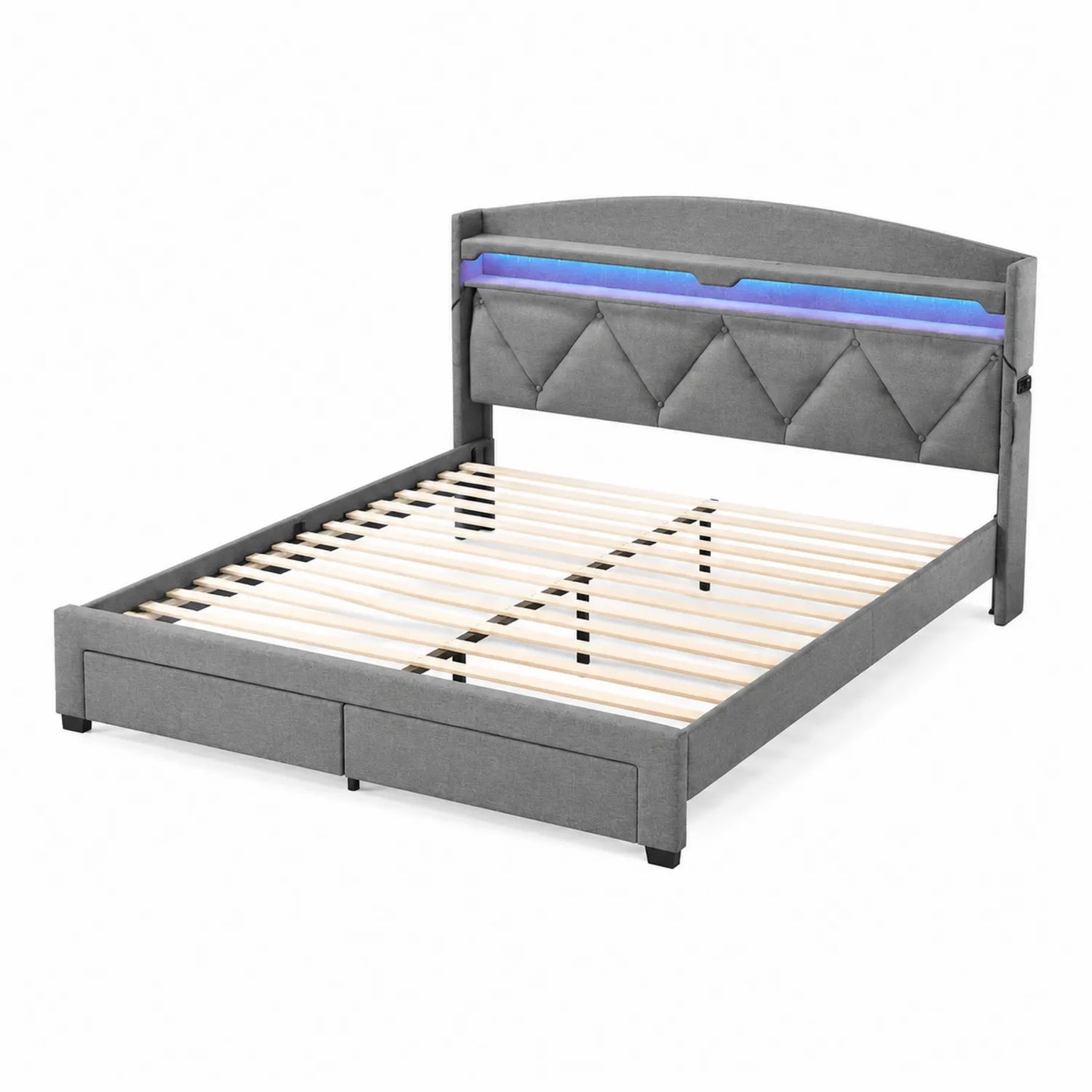 Lit double en tissu avec tête de lit matelassée et éclairage LED, 140x200 cm, Gris