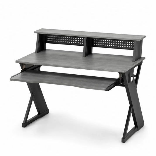 Bureau en bois et métal avec étagère intégrée et plateau coulissant Gris 120x60x90 cm