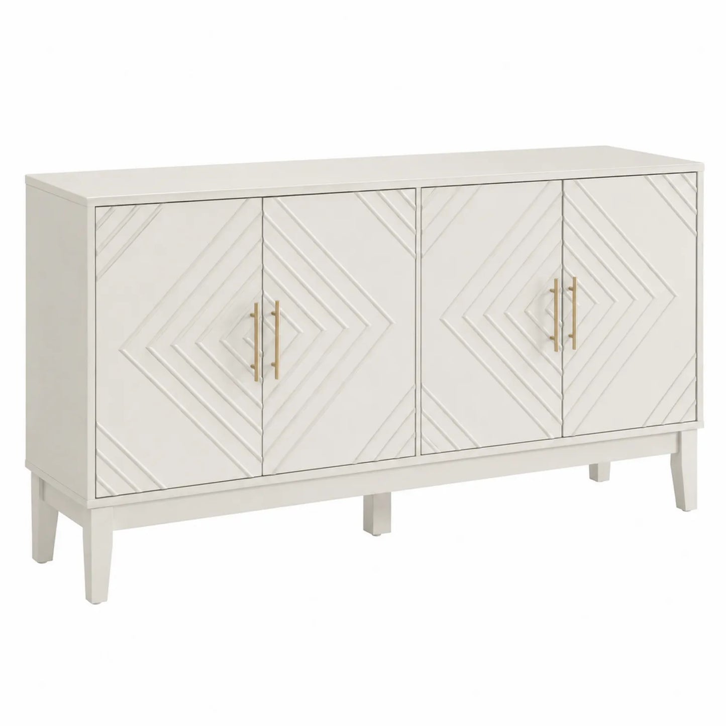 Buffet en bois avec portes à motifs géométriques et poignées dorées