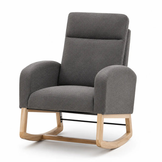Fauteuil à bascule en tissu gris avec cadre en bois