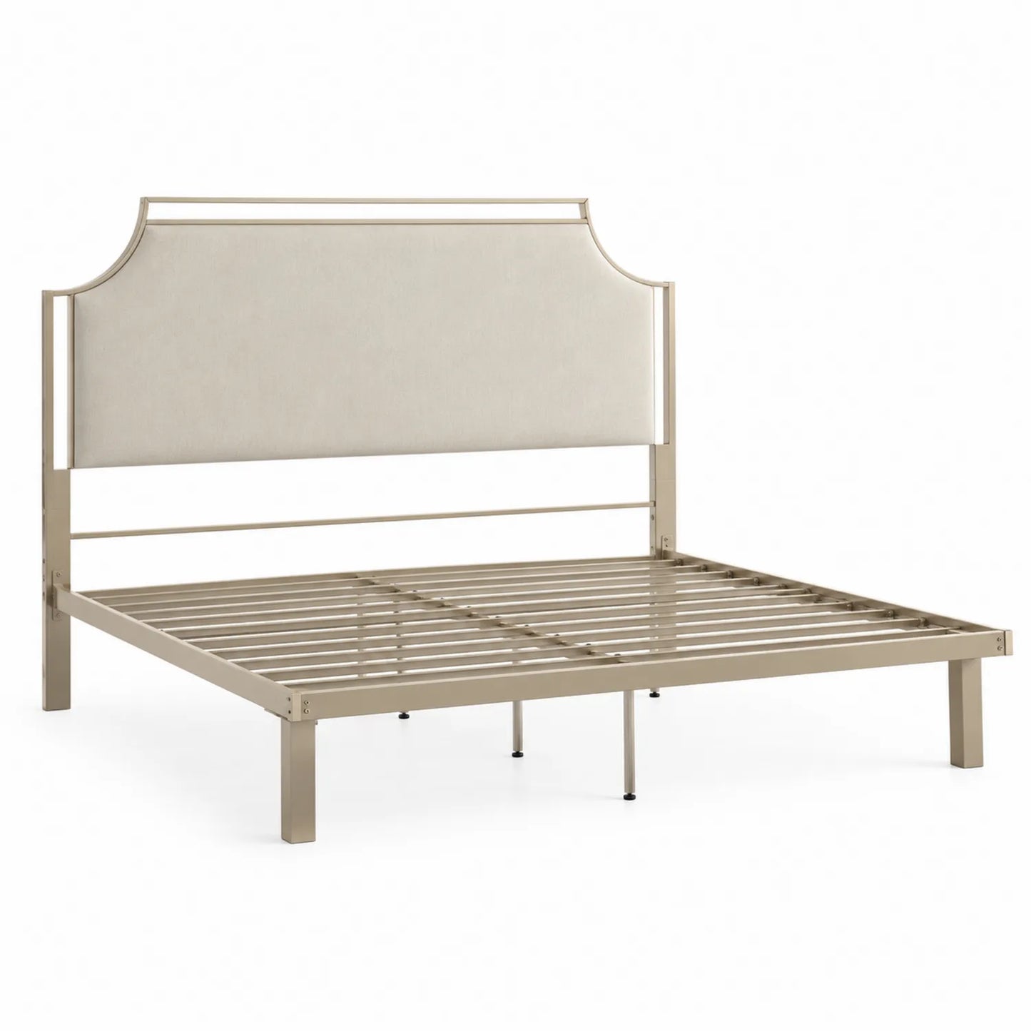 Lit double en métal avec tête de lit en tissu beige 200x150 cm