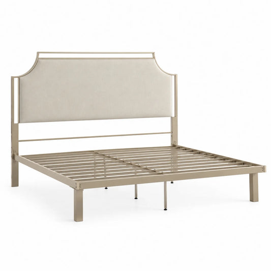 Lit double en métal avec tête de lit en tissu beige 200x150 cm