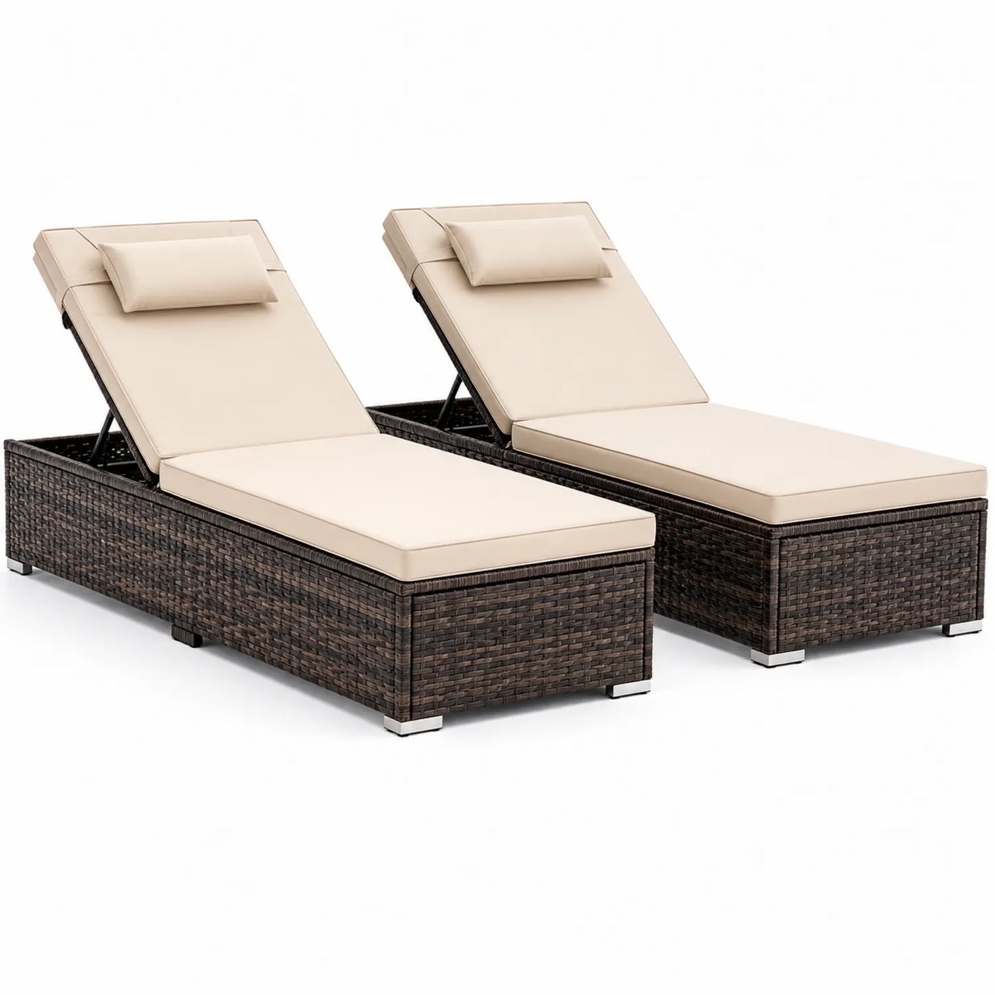Paire de chaises longues réglables en résine avec coussins beiges