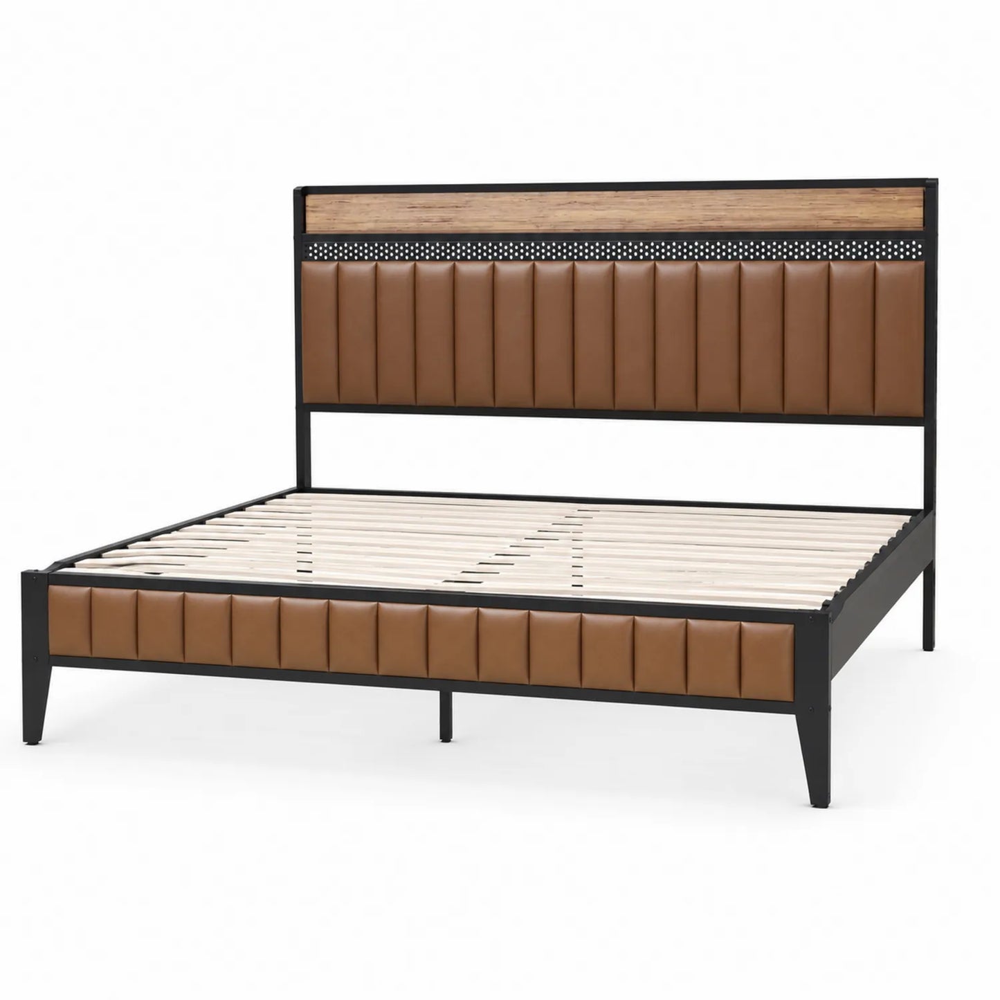 Lit Double en Métal avec Rembourrage en Cuir Synthétique Marron