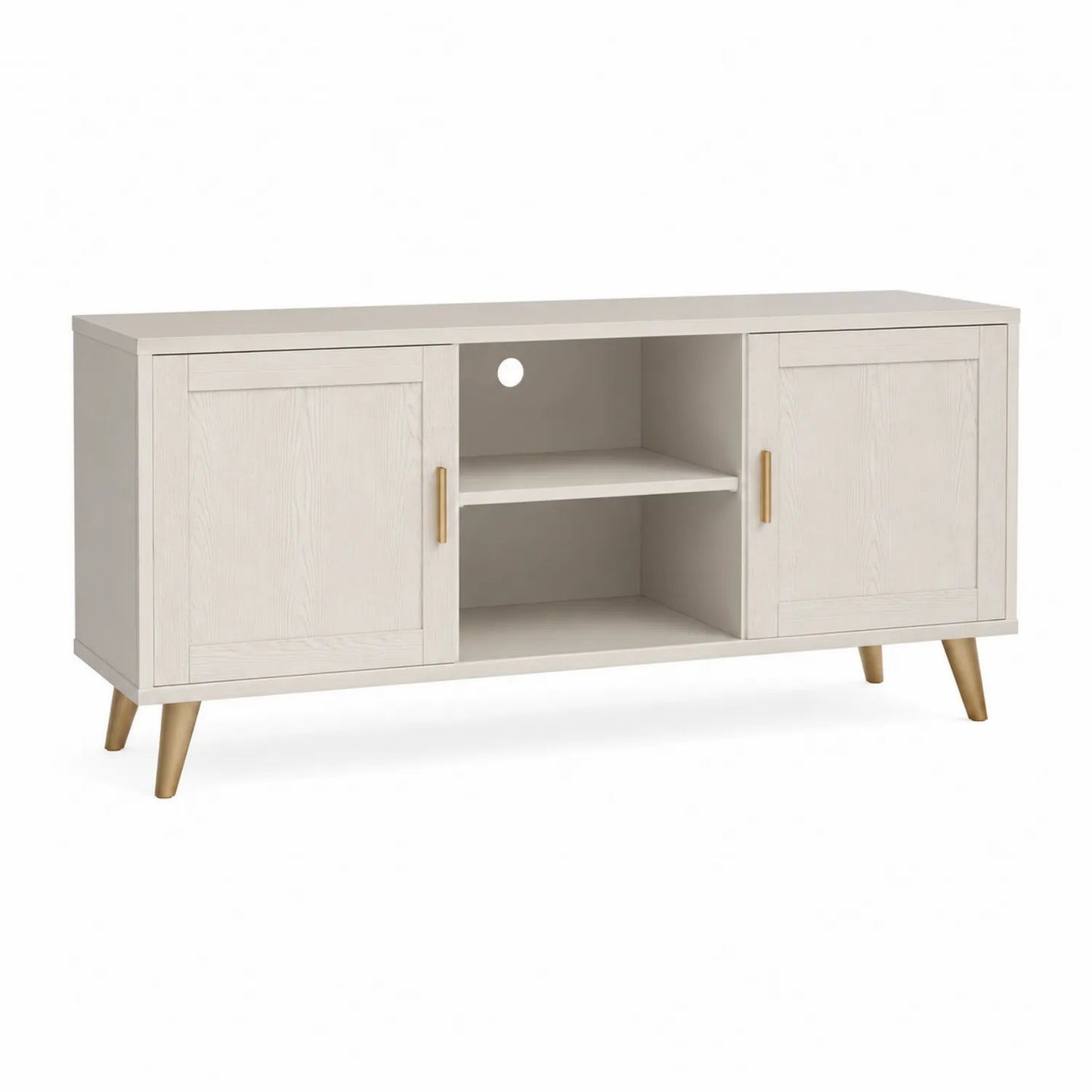 Meuble TV blanc en bois MDF avec étagères et pieds métalliques